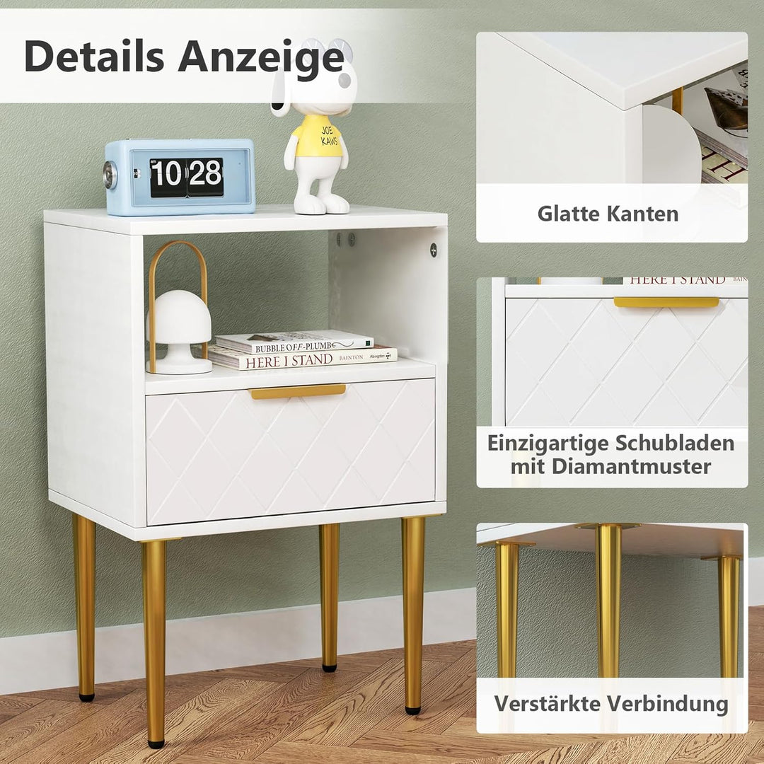 Lvhecforhm Nachttisch Weiss, Nachtschrank mit 1 Schubladen, Nachttische mit 1 Offenen Ablagen, Moder