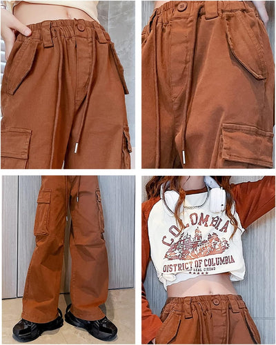 Rolanko Mädchen Baggy Cargo Hose, Elastisch Hohe Taille Gerade Weites Bein Streetwear Hose mit Mehre