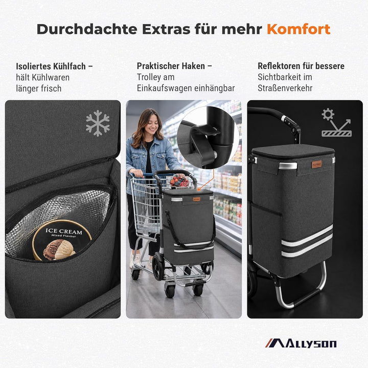 Allyson Rechteckiger Einkaufswagen - Ergonomischer, Klappbarer Shopping Trolley mit 56L Wasserdichte