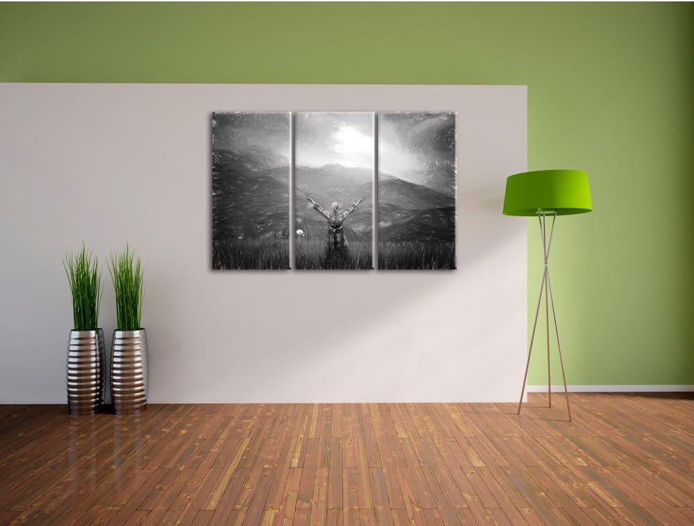 Pixxprint eine Berg Farm in Asien im Sonnenschein Kunst Kohle Effekt 3-Teiler Leinwandbild 120x80 Bi