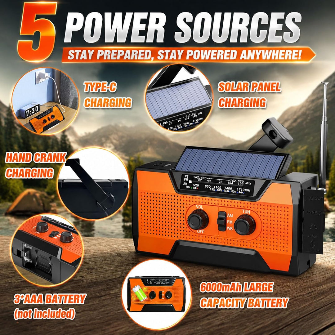 6000mAh-Handkurbel-Notfallradio, AM/FM-Wetterradio, solarbetriebenes | batteriebetriebenes Radiomit
