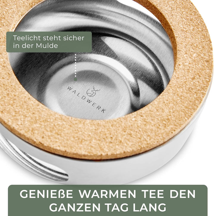 WALDWERK Teekanne mit Stövchen (1,1L) - Edelstahl mit Siebeinsatz - Tropffrei - Griffen aus Eichenho