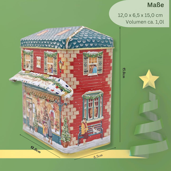 MediMuc Kleines Haus Winter Sweet mit Vordach - Dose, Gebäckdose, Geschenkdose, Sammlerdose - Volume