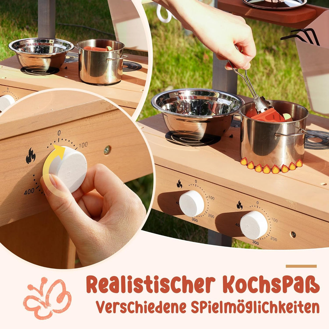 ROBUD Matschküche Outdoor Holz mit Sonnendach, Spielküche Kinder Matschküche im Freien mit Pflanzkas