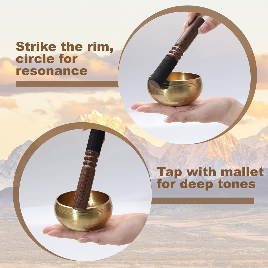 Tibetische Klangschale 9.5cm Set – Handgehämmert aus Messing mit Holzklöppel Kissen Aufbewahrungsbeu