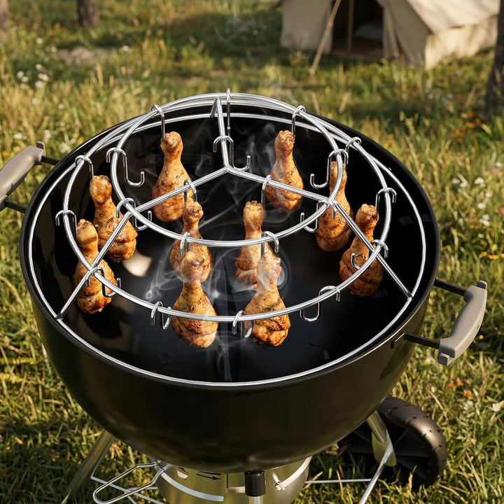 Onlyfire Dreistufiger Ring Speck-Aufhänger Bräter mit 24 Räucherhaken, für Räuchern von Speck, Ribs