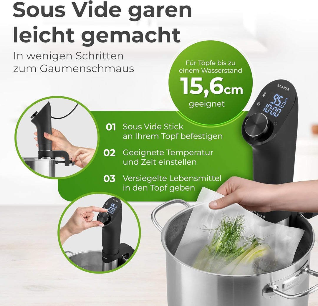 KLAMER Sous Vide Stick, 1200 Watt IPX7 wasserdichter Sous Vide Garer mit 3D Zirkulation und 20-95℃ T