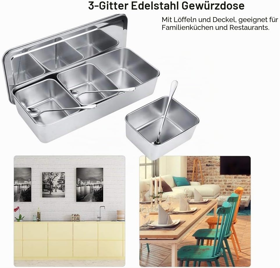 Hapivida Zutatenbehälter Pizza Edelstahl 344x157x65mm 3 Gitter Gewürzbox Beilagenbehälter Gewürz Beh