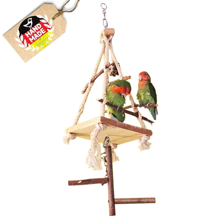 Vogelgaleria® Wellensittich Spielplatz – XXL Vogelschaukel hängend 70cm aus Naturholz, Freiflug &amp; Kl