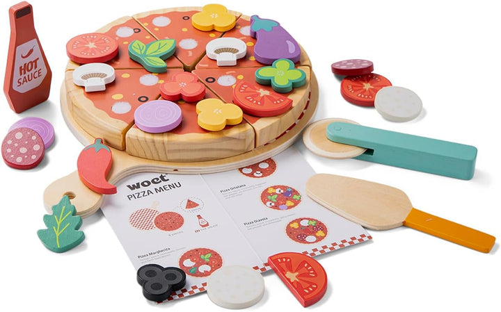 Woet® Holz Pizza Spiellebensmittel Set, 32 Teile mit Belag, Pizzaschneider, Servierbrett, Menükarte