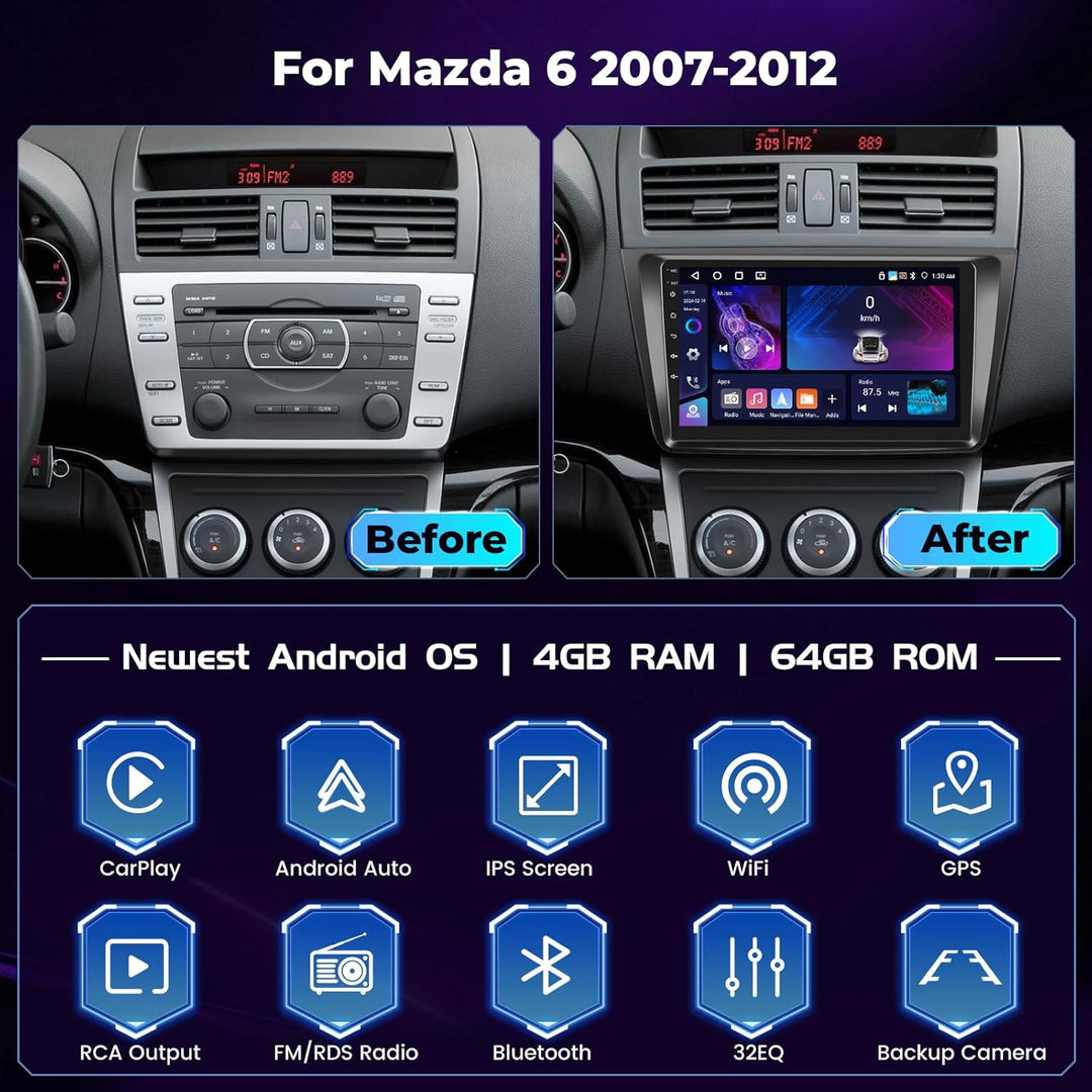 Hikity 4+64GB Autoradio Android 15 für Mazda 6 2007-2012 mit 9-Zoll-Touchscreen,Radio mit Wireless C