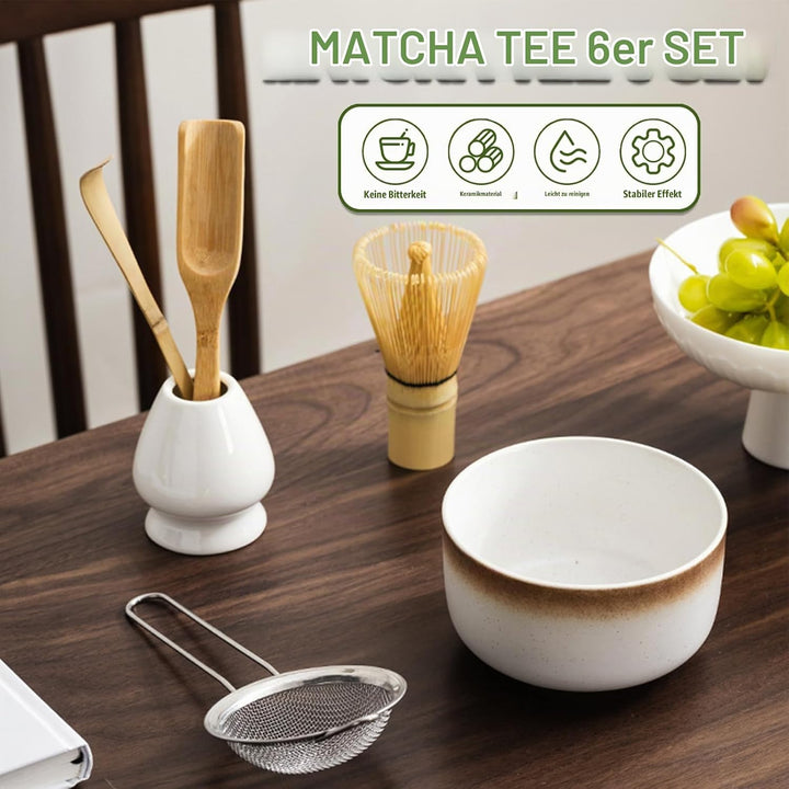 Matcha Set, 6-teilig mit Sieb, Matcha Besen, Keramik Matcha Schale, Matcha Tee Chasen Whisk und Teel
