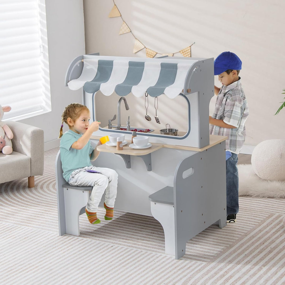 COSTWAY 2 in 1 Kinderküche mit Zubehör, Spielküche mit Restaurant zum Kochen &amp; Servieren, Holzküche