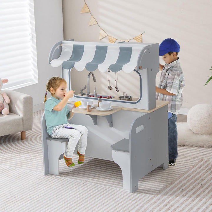 COSTWAY 2 in 1 Kinderküche mit Zubehör, Spielküche mit Restaurant zum Kochen &amp; Servieren, Holzküche