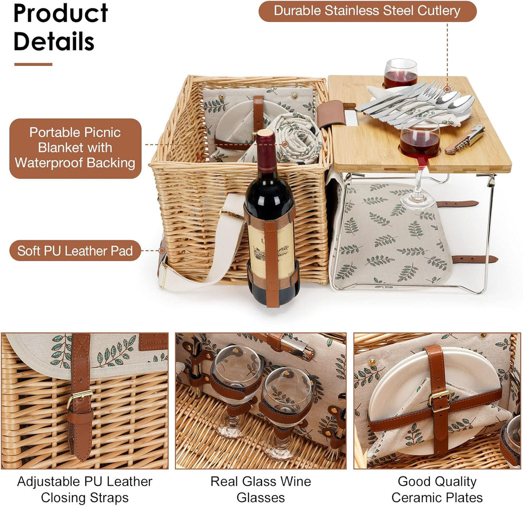 Picknickkorb mit Tisch, Picknickkorb Set für 2, Weidenkorb mit Weinhalter, Weidenkorb Picknick-Set m
