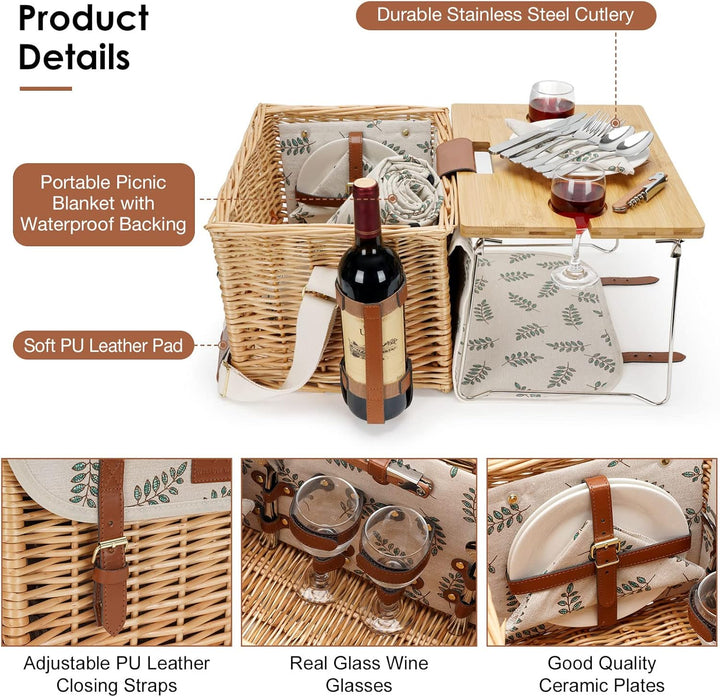 Picknickkorb mit Tisch, Picknickkorb Set für 2, Weidenkorb mit Weinhalter, Weidenkorb Picknick-Set m