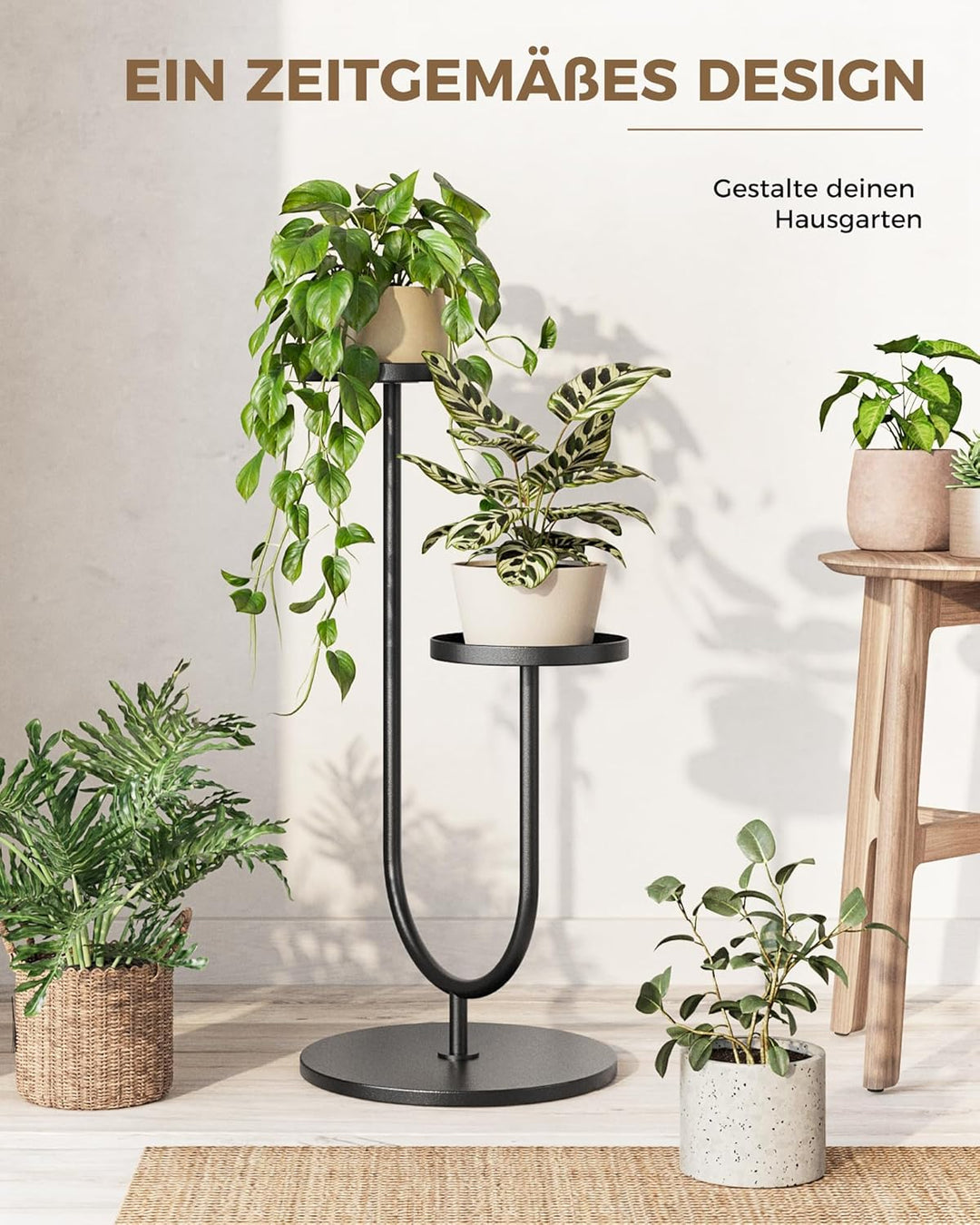 Bamworld Blumenständer Metall Schwarz, Pflanzenständer Indoor Outdoor, Modernes 2-stufiges Pflanzenr