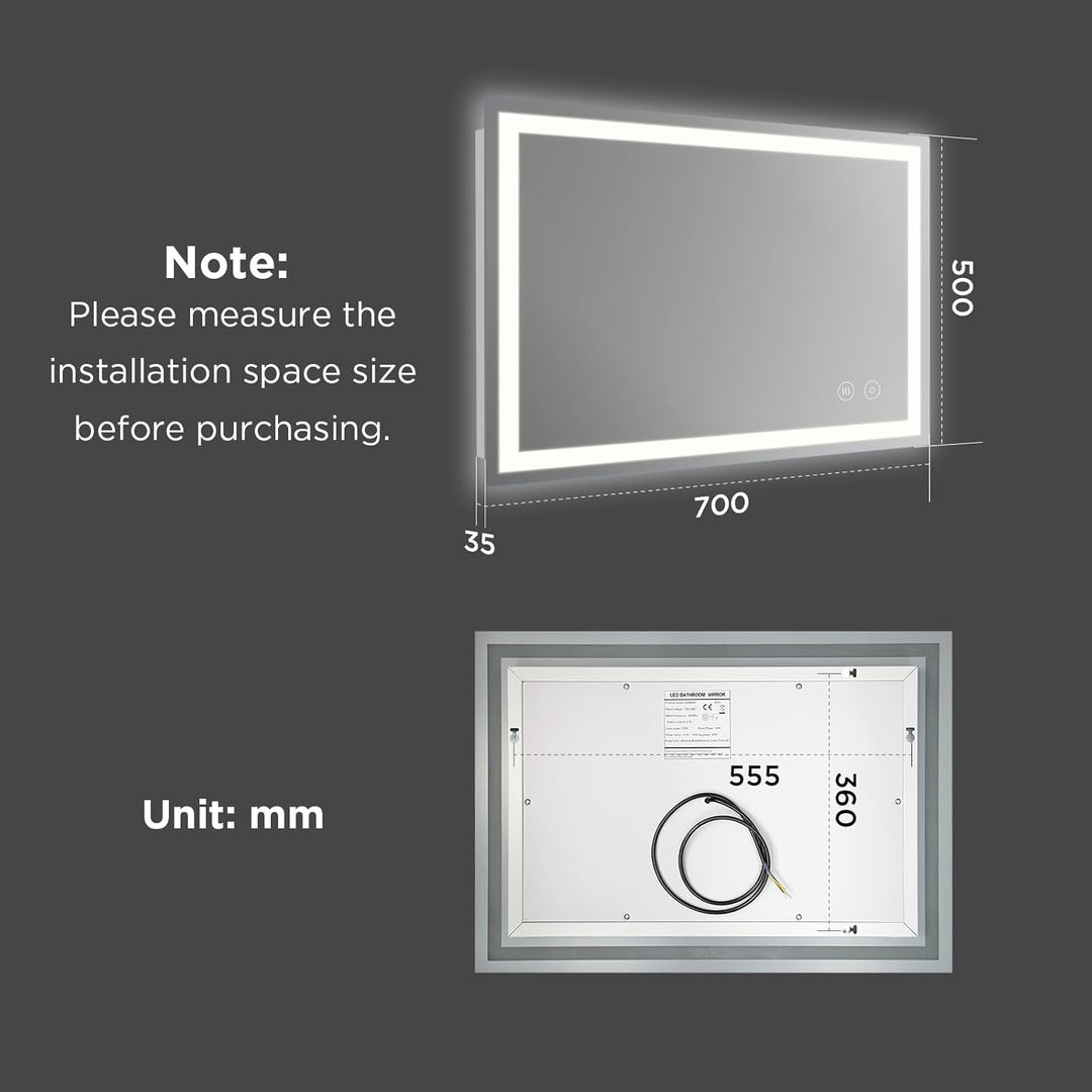 Badspiegel mit Beleuchtung 50x70 cm Wandspiegel mit Touch-Schalter Beschlagfrei 3 Lichtfarben Dimmba