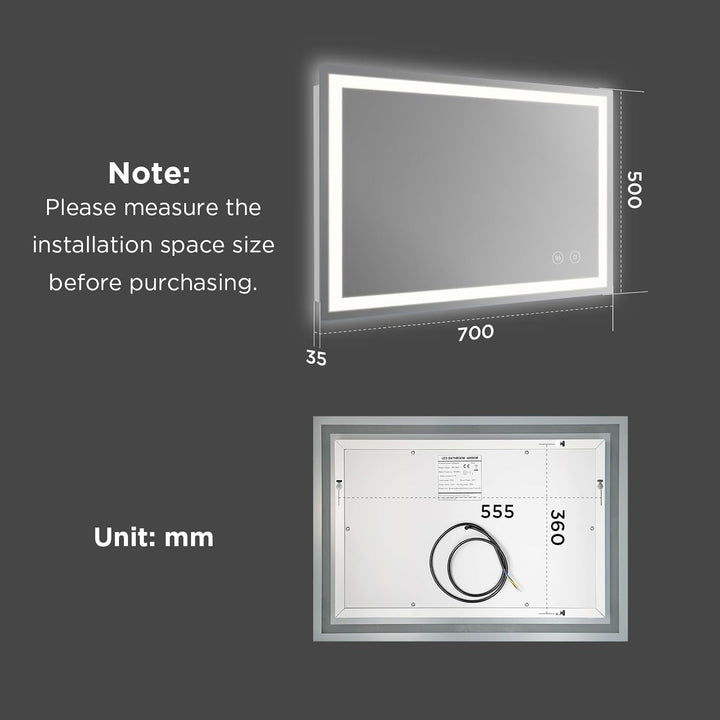 Badspiegel mit Beleuchtung 50x70 cm Wandspiegel mit Touch-Schalter Beschlagfrei 3 Lichtfarben Dimmba