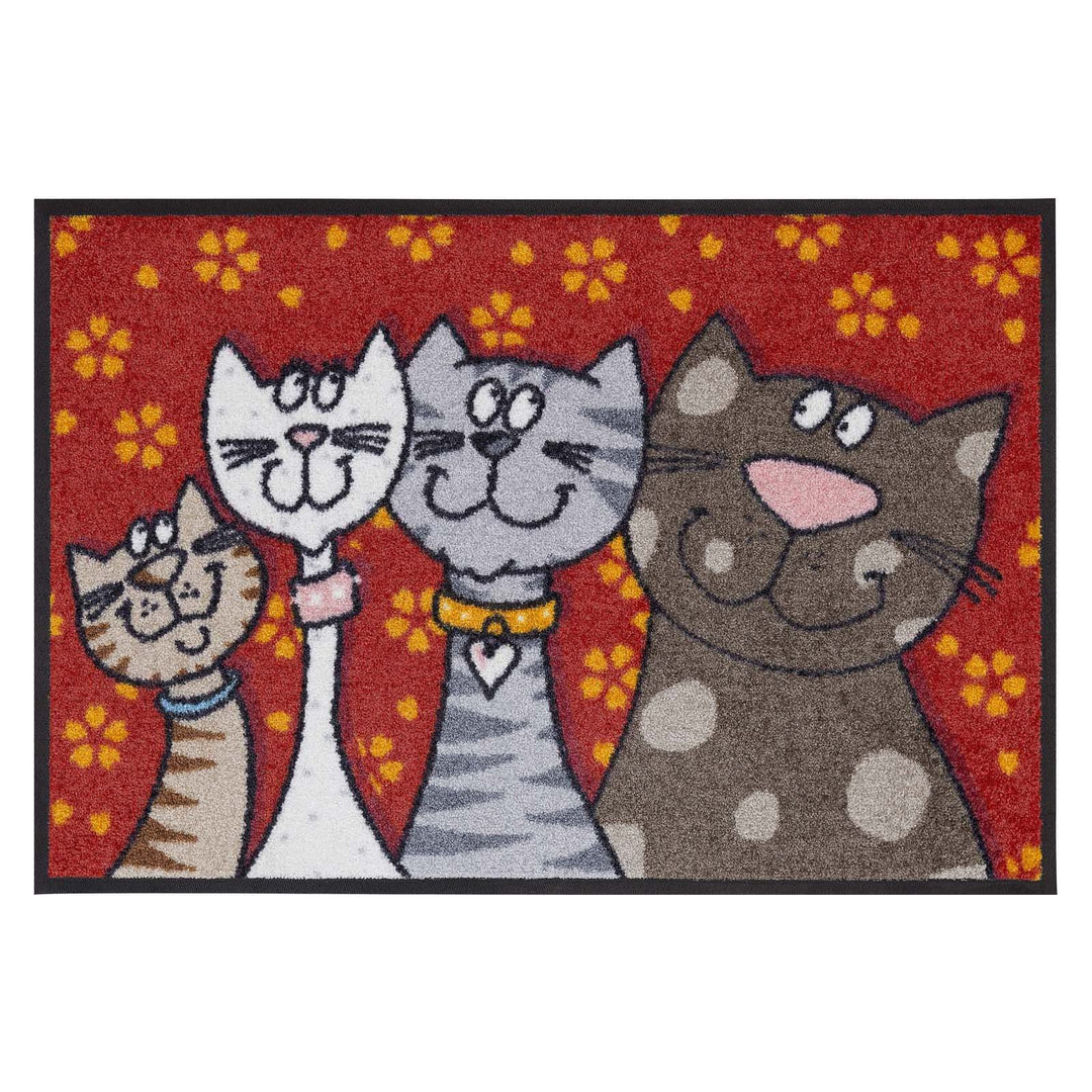 Salonloewe Fussmatte waschbar Katzenfamilie 50x75 cm HausTür-Eingangs-Matte lustig rot-bunt Tiere Fu