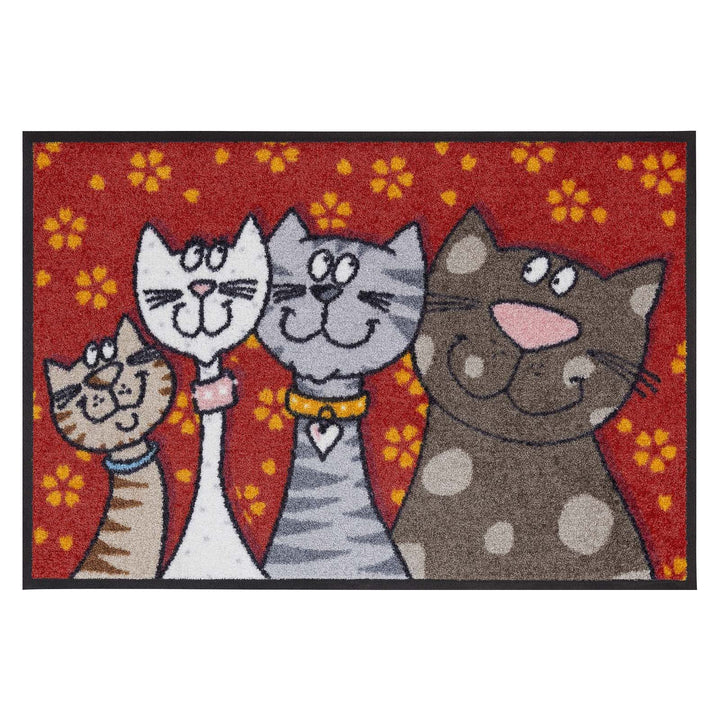 Salonloewe Fussmatte waschbar Katzenfamilie 50x75 cm HausTür-Eingangs-Matte lustig rot-bunt Tiere Fu