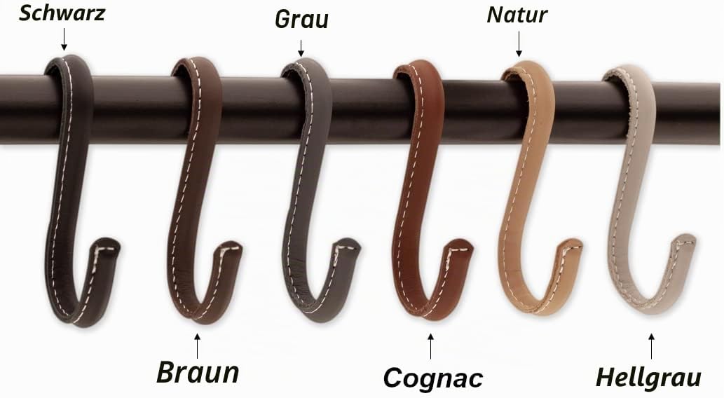 Brute Strength - S-Haken mit Vollnarbenleder umwickelt - 6 Stück - Hellgrau - 10 cm Edelstahl-Metall