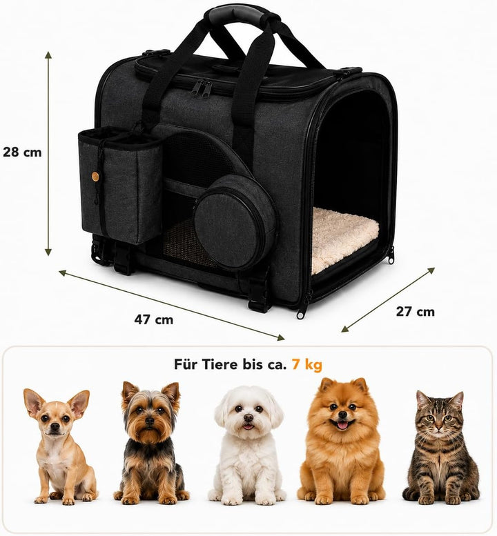 Hundetransportbox faltbar 47x27x28 cm für kleine Hunde &amp; Katzen bis 7 kg (schwarz), schwarz