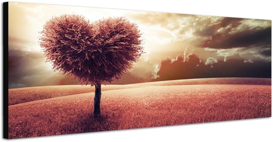Paul Sinus Art Panoramabild auf Leinwand und Keilrahmen 150x50cm Wiese Baum Herz abstrakt Wolkenhimm