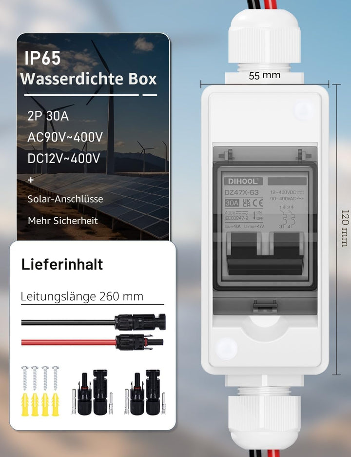 DIHOOL DC trennschalter PV anlage, Miniatur Leistungsschalter, DC12V-400V Sicherungsautomat 1 String