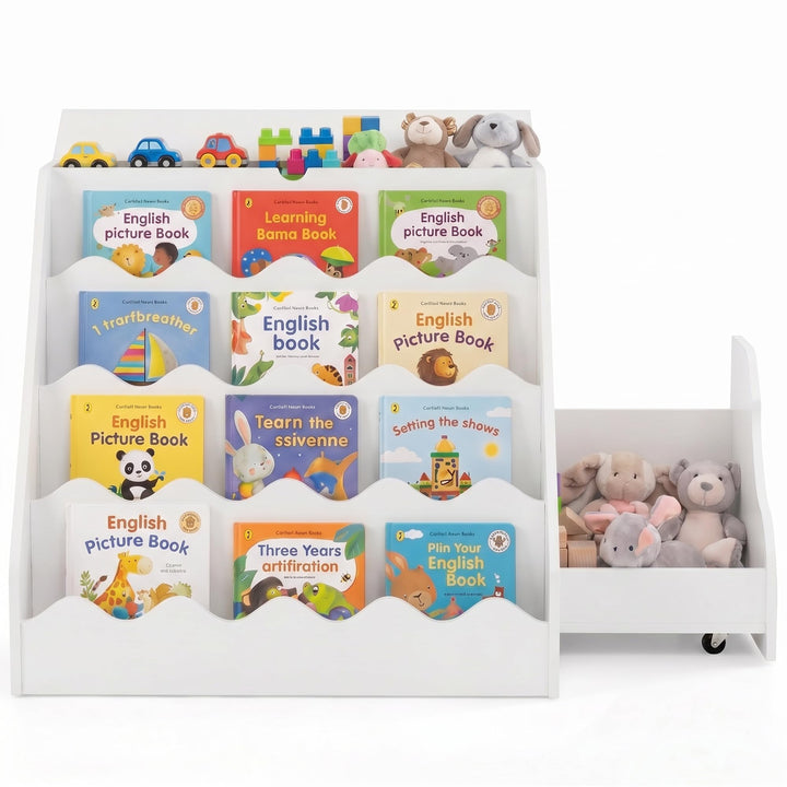 RELAX4LIFE Bücherregal Kinder, Montessori Kinderregal mit 4 Fächern, Klappplatte & Schublade auf Rol