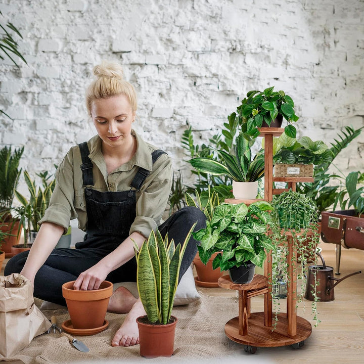 Wuciray Blumenständer Holz Pflanzenständer mit Rädern 5-Tier Pflanzentreppe Pflanzenregal Blumenbank