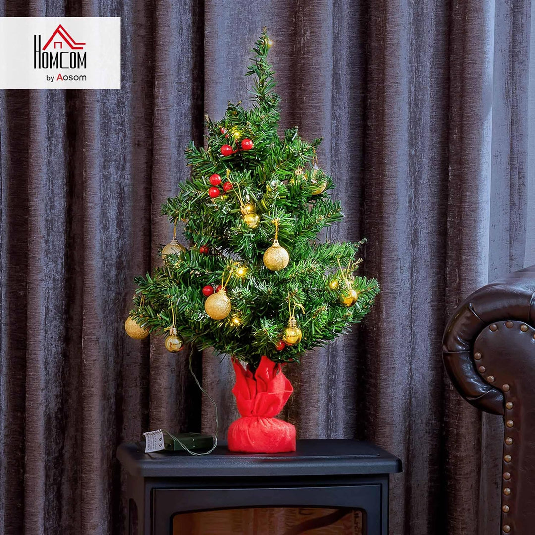 HOMCOM Weihnachtsbaum Klein, Mini Christbaum mit Stechpalmenbeeren, 15 LED-Lichtern und Kugeln, Küns