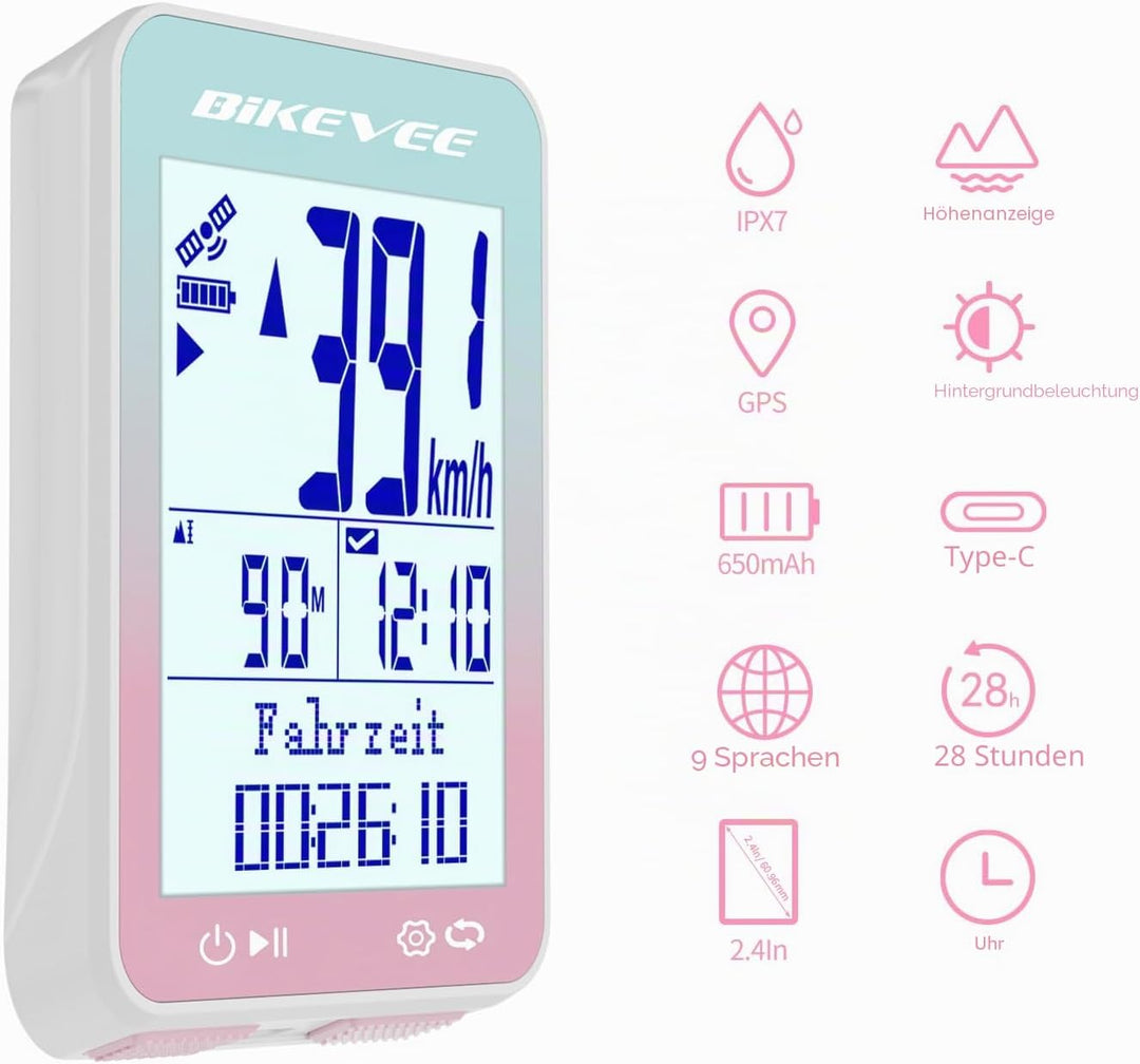 GPS Fahrradcomputer Kabellos IPX7 Wasserdicht 2.4'' FSTN Display 28H Akku Rosa-A【Standardhalterung】,