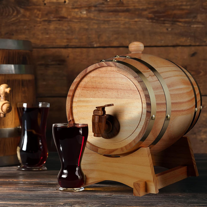 Relaxdays Schnapsfass, 2,2 l, Holz, Whiskyfass mit Bock & Zapfhahn, für Whisky, Wein, Spirituosen, D