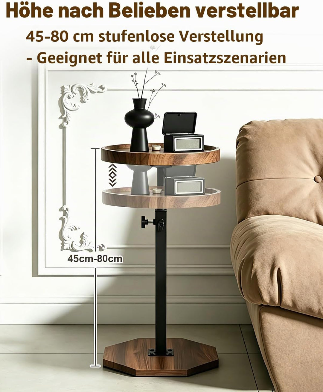 Beistelltisch Rund Holz, 360°Rotierend Höhenverstellbarer Beistelltisch mit Kantenschutz, Rutschfest