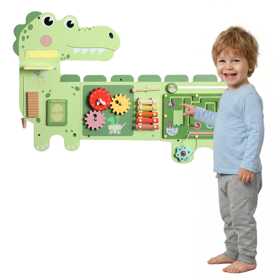 AIYAPLAY Montessori Motorikbrett Holz Busy Board Dinosaurier ab 2 Jahr | Wandmontiertes Activity Boa