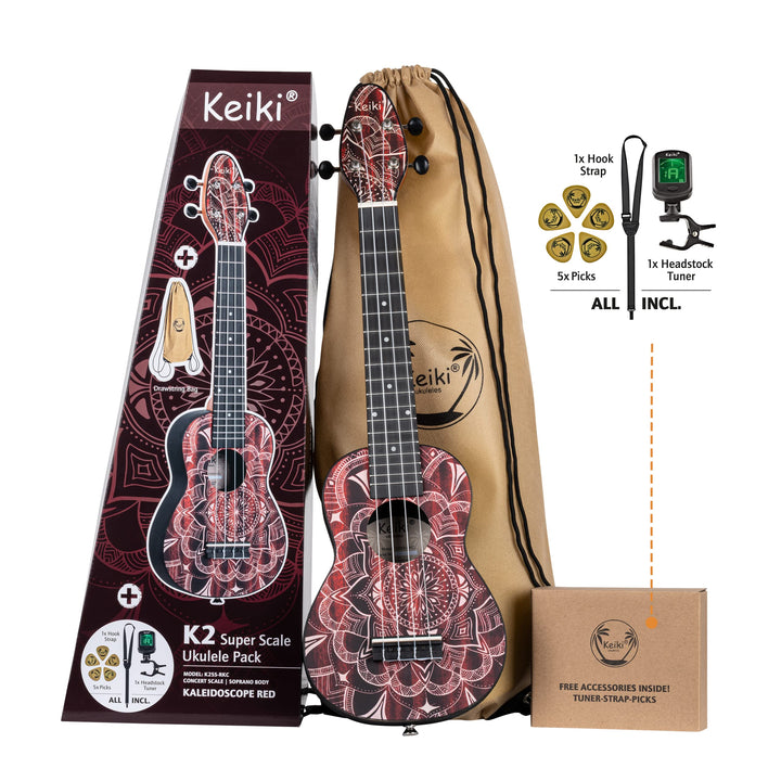 Ortega Guitars Sopran Ukulele rot - Keiki K2 - Starterkit inklusive Tuner, Gurt, 5 Medium Plektren &