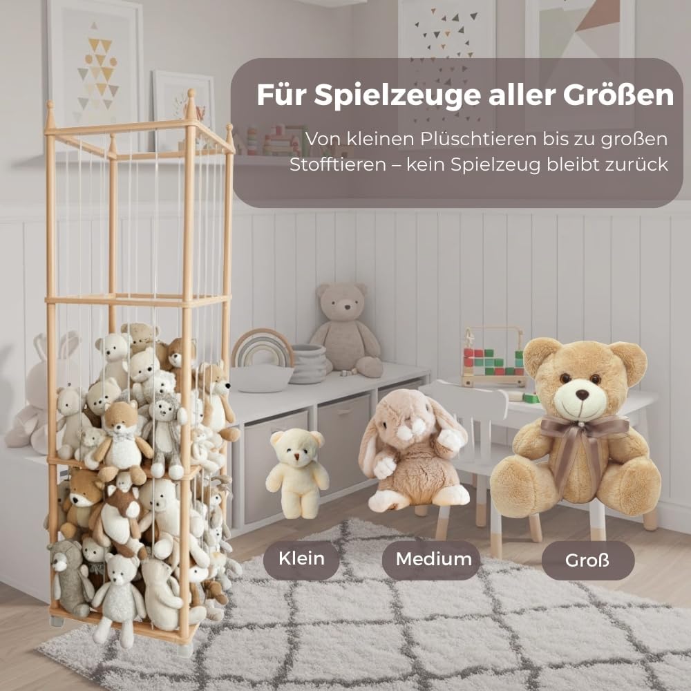Wonder Space Holz-Stofftier-Aufbewahrungsständer mit Rädern, hoher Spielzeugorganizer für Kinderzimm