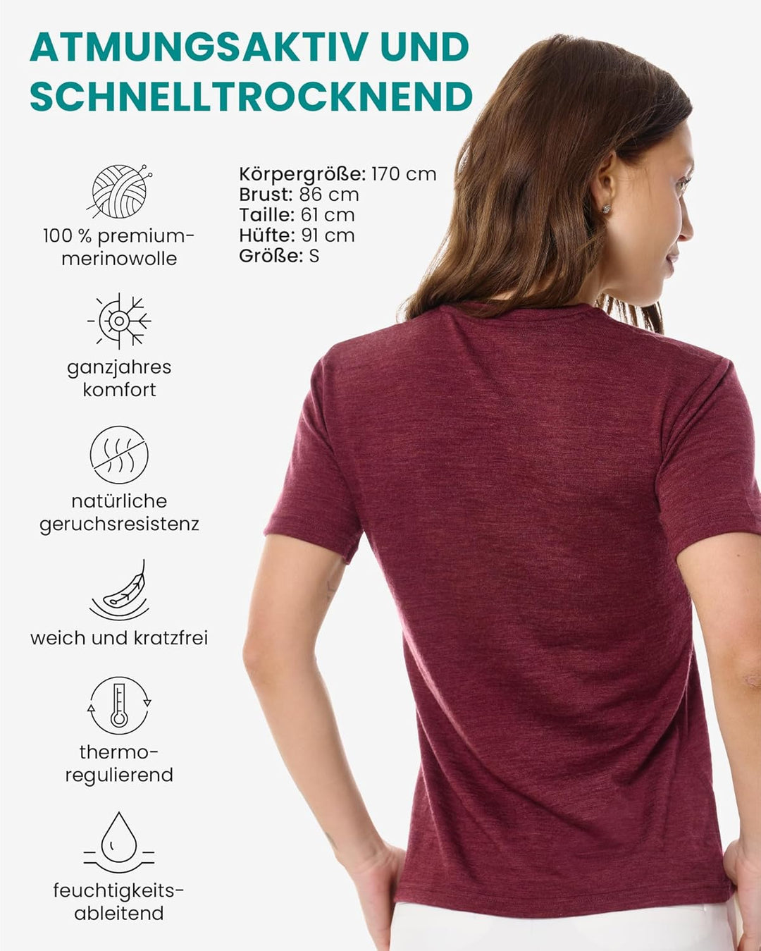 Merino.tech 100% Merino Shirt Damen Wandern - Merinowolle Tshirt Damen Kurzarm - Sport Thermo Unterh