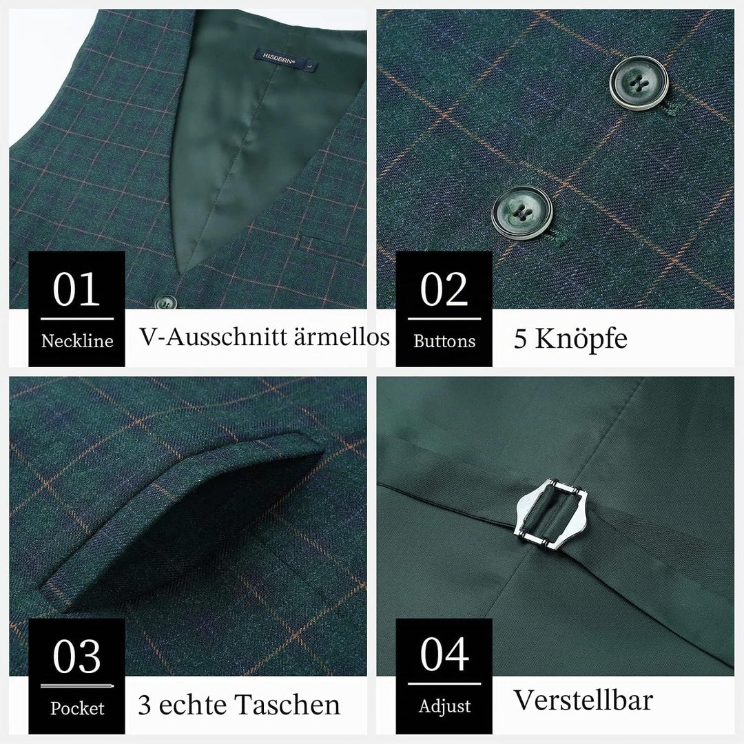 HISDERN Manner Formale Hochzeitsfeier Weste Baumwolle Plaid Kleid Anzug Weste für Herren Grün XS, Gr