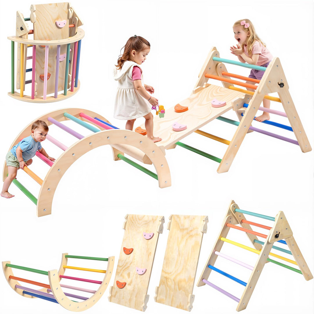 RUIE 7-in-1 Montessori Kletterdreieck mit Rutsche, Klettergerüst Indoor Spielplatz für Kleinkinder a