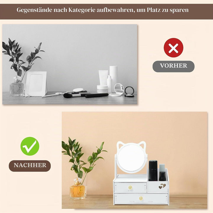 LEcylankEr Schminktisch Organizer mit 360° Spiegel und Schublade, Kosmetik Organizer aus PVC Weiss,