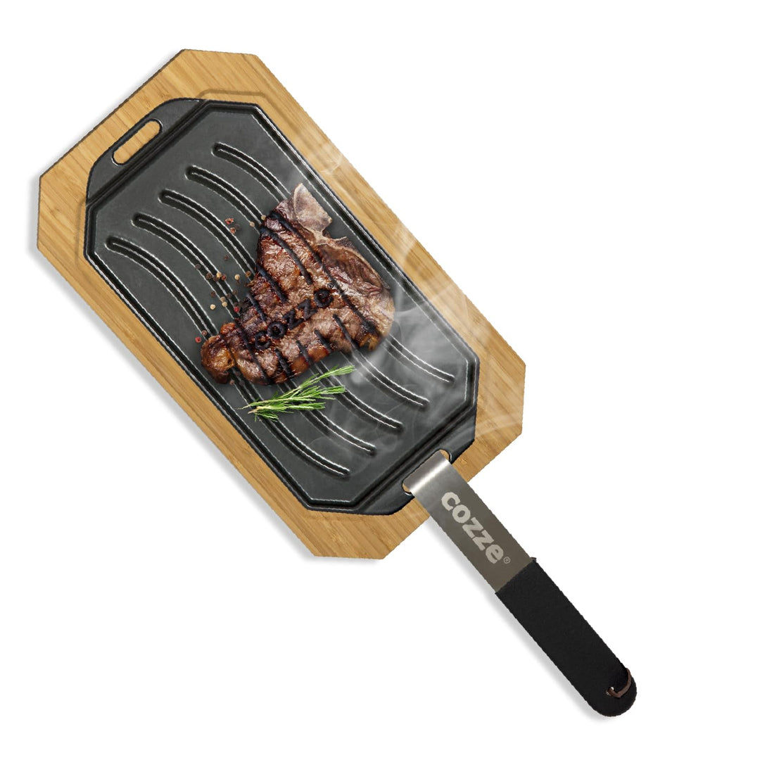 Millarco - Wendbare Gusseisenpfanne mit FSC-zertifiziertem Buchenholztablett, 33x16,5 cm – Abnehmbar