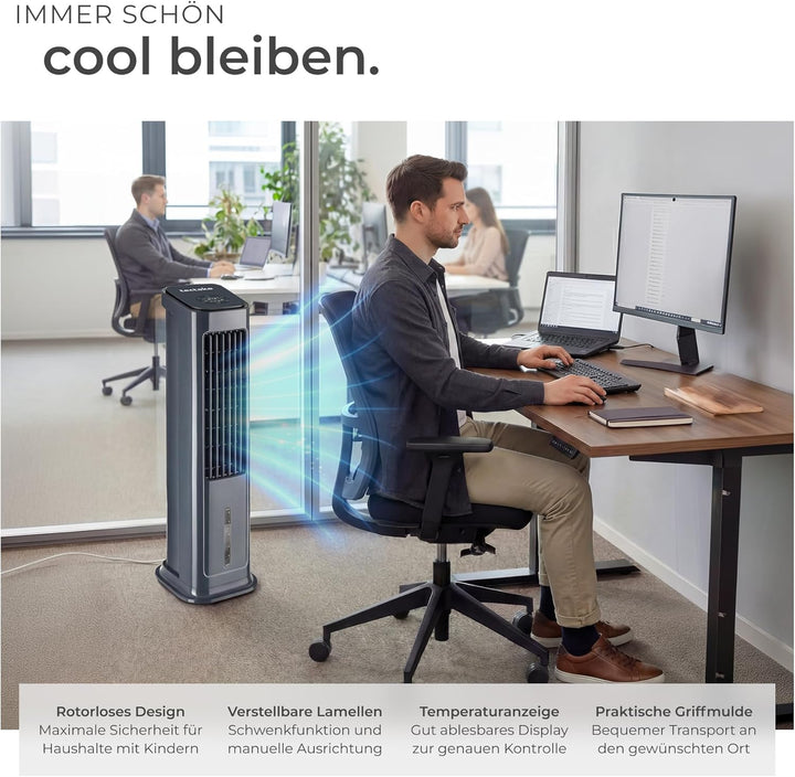 tectake® Luftkühler, 4in1, extrem leise, energiesparend, mit 5 l Wassertank, Touch-Display, 3 Modi,