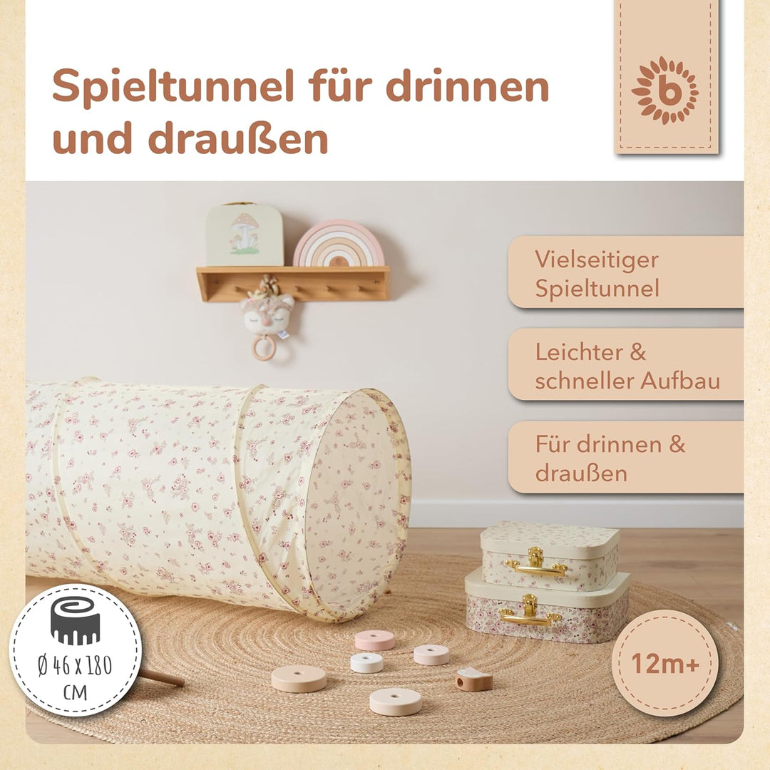 Bieco Pop Up Spieltunnel Vintage Flowers Krabbeltunnel ab 1 Jahr | 180 x 46cm | Spieltunnel Kind und