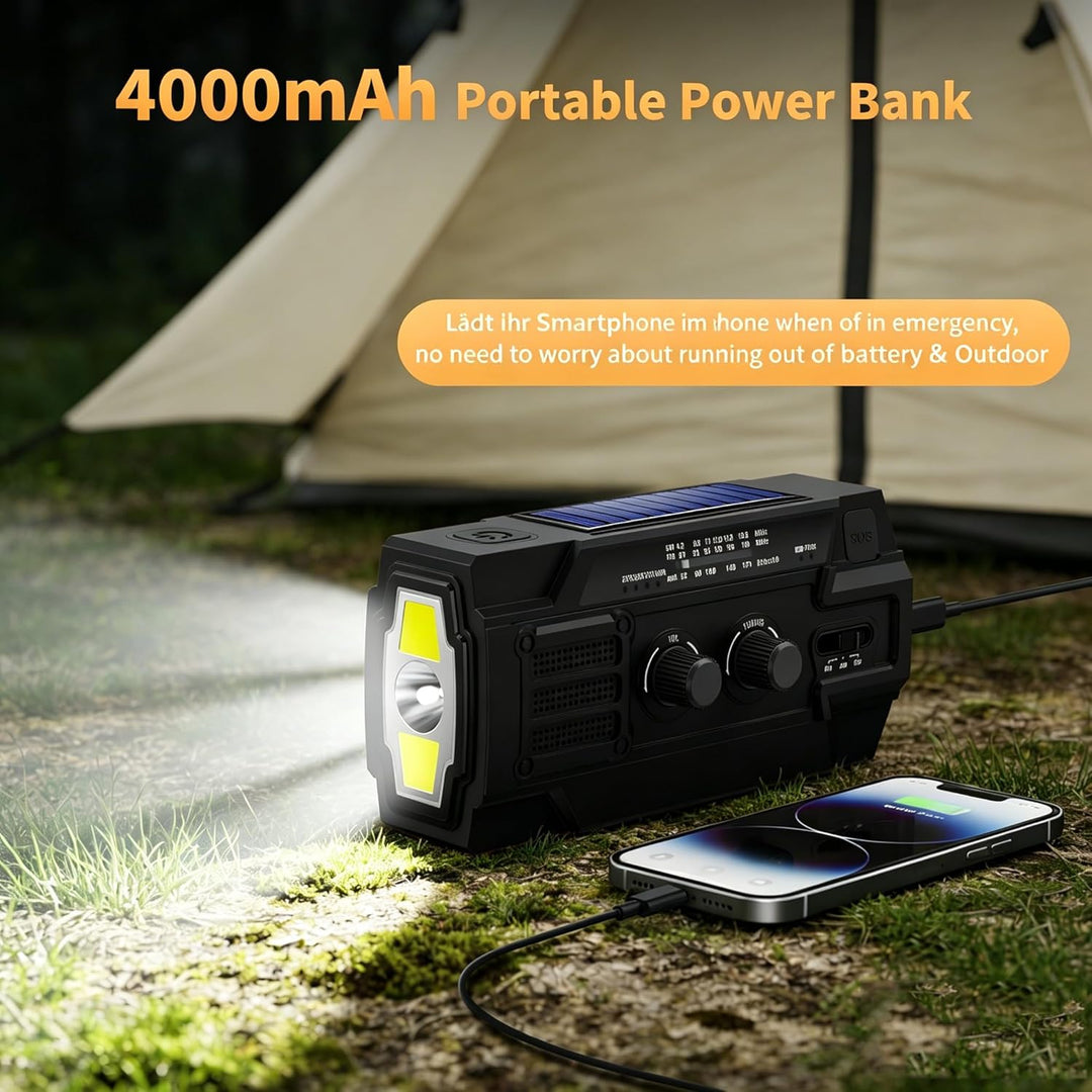 Kurbelradio 4000mAh Notfallradio mit Solar, Bewegungsempfindlicher Radio mit kurbel AM/FM/SW,LED-Tas