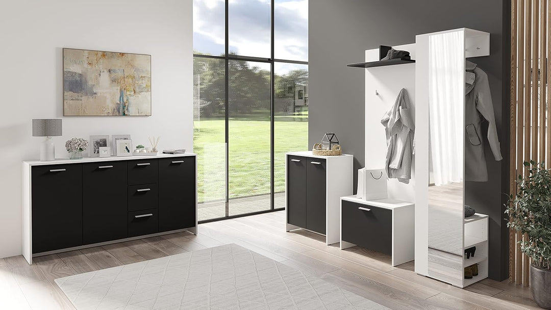 byLIVING Sitzbank Ben/Schuhschrank in matt weiss/Front schwarz/kleine Flur-Kommode mit Klappe und Ei