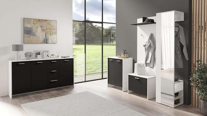 byLIVING Sitzbank Ben/Schuhschrank in matt weiss/Front schwarz/kleine Flur-Kommode mit Klappe und Ei