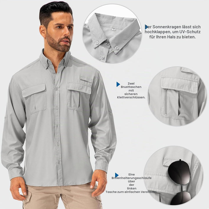 Asfixiado Hemd Herren Safari UPF50+ UV Schutz Wanderhemd Herren Langarm Funktionshemd Outdoorhemd At