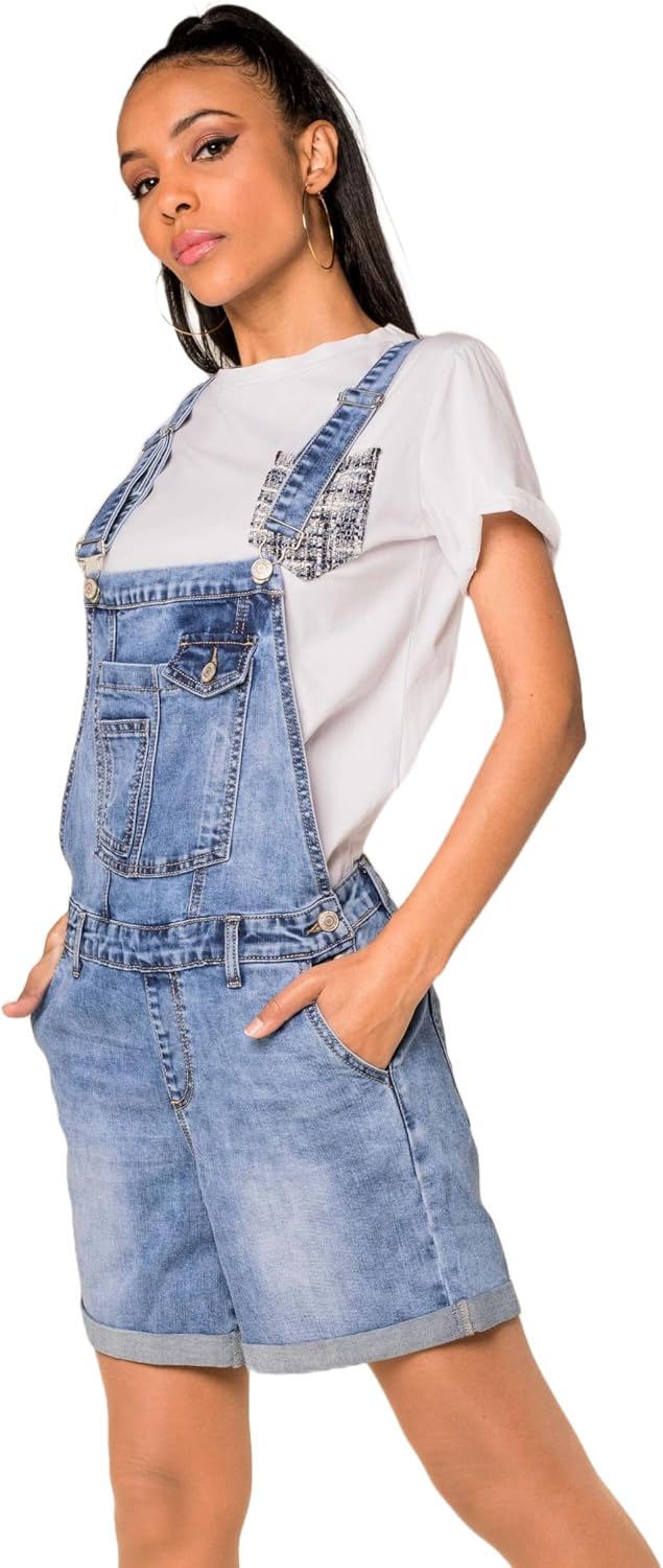 Nina Carter S511 Damen Jeans Latzshorts – Kurze Latzhose aus Denim mit Brusttaschen & Knöpfen – Somm